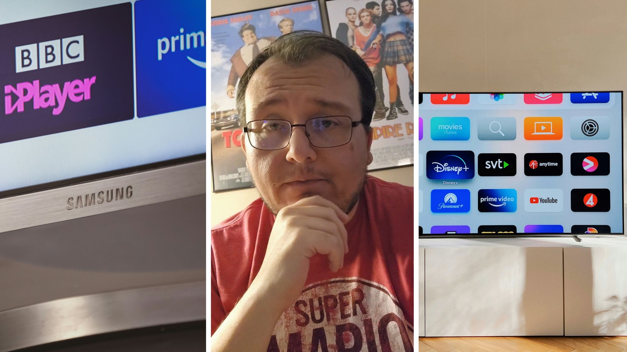 Samsung TV (l) man shares TV issue (c) Samsung storefront (r)