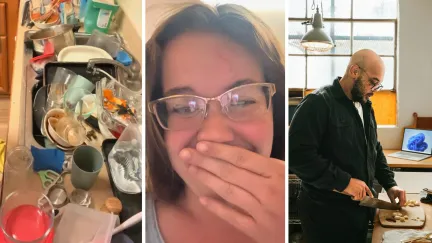 dirty dishes (l) woman shares results from her husbands cooking (c) husband cooking for wife (r)