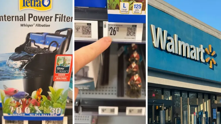 water filter (l) man pointing at price tag (c) walmart storefront (r)