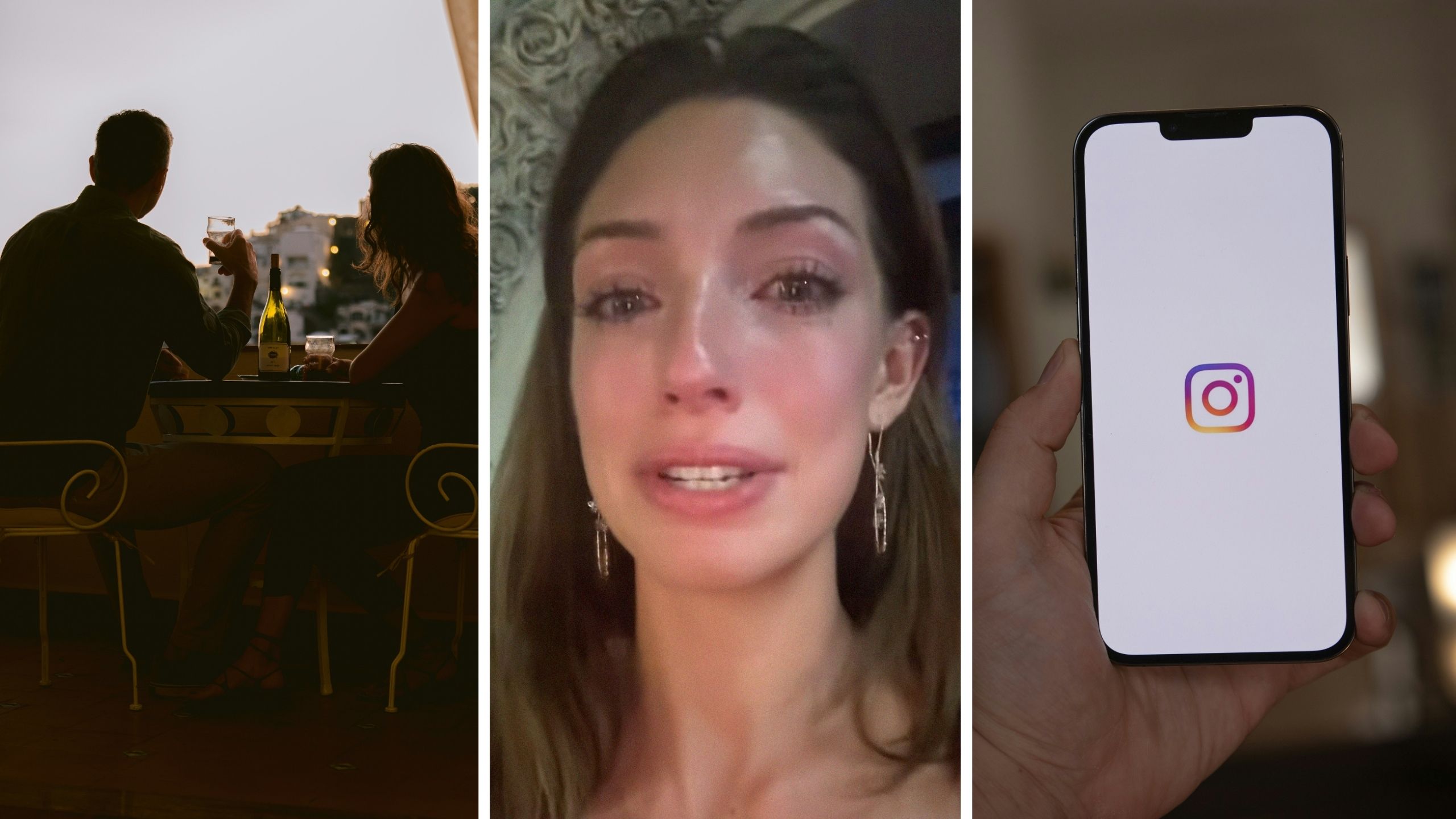 man and woman on a date (l) woman shares horrible date experience with man she met on instagram (c) instagram app (r)