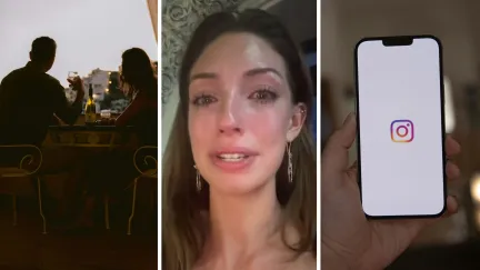 man and woman on a date (l) woman shares horrible date experience with man she met on instagram (c) instagram app (r)