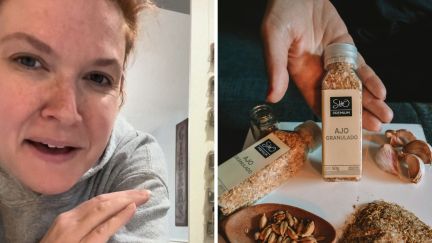 woman shares husbands late night text (l) Garlic powder spices (r)