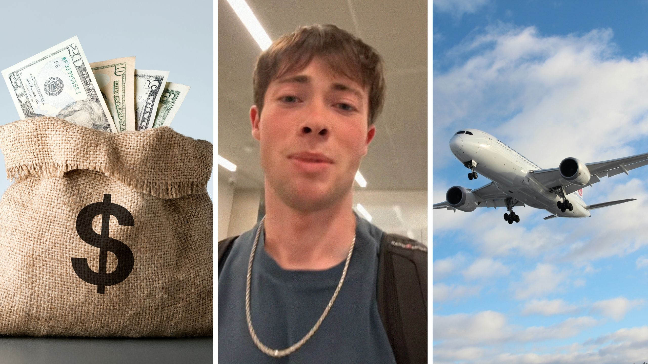 a lot of money (l) man shares flight prices at peak hours (c) flight at noon (r)