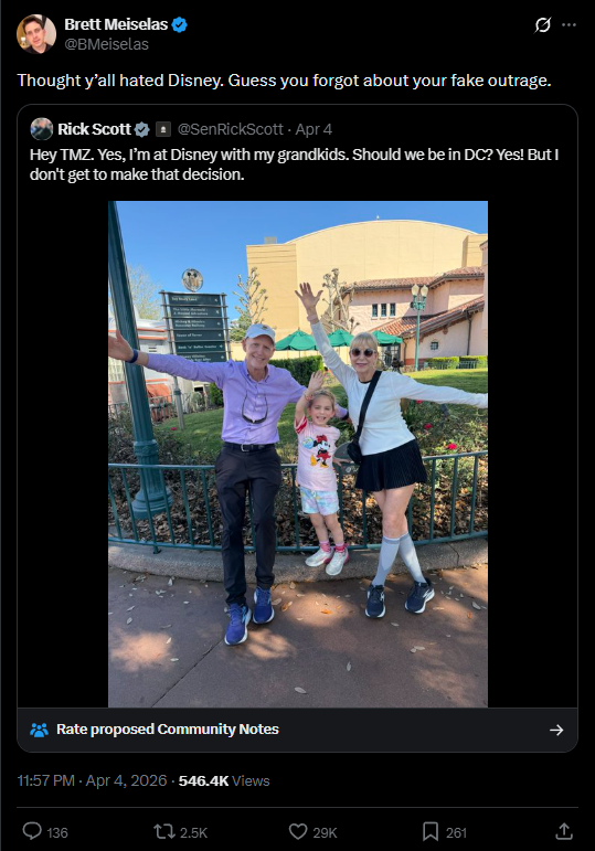 Meidas Touch critics Sen. Rick Scott's Disney trip with family