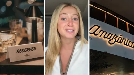 reserved table (l) woman shares first date experience (c) Amazonico Miami entrance (r)