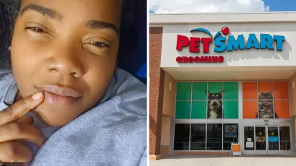 woman takes daughter to buy pet (l) PetSmart storefront (r)