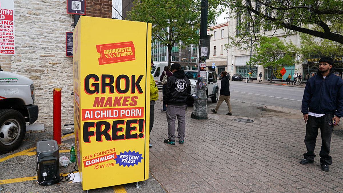 A vending machine art installation dispenses DVDs containing references to Elon Musk in the Epstein files during the 2026 SXSW Conference And Festival on March 16, 2026 in Austin, Texas. The piece also references Musk's AI chatbot Grok, which has drawn criticism over its generation of explicit imagery.