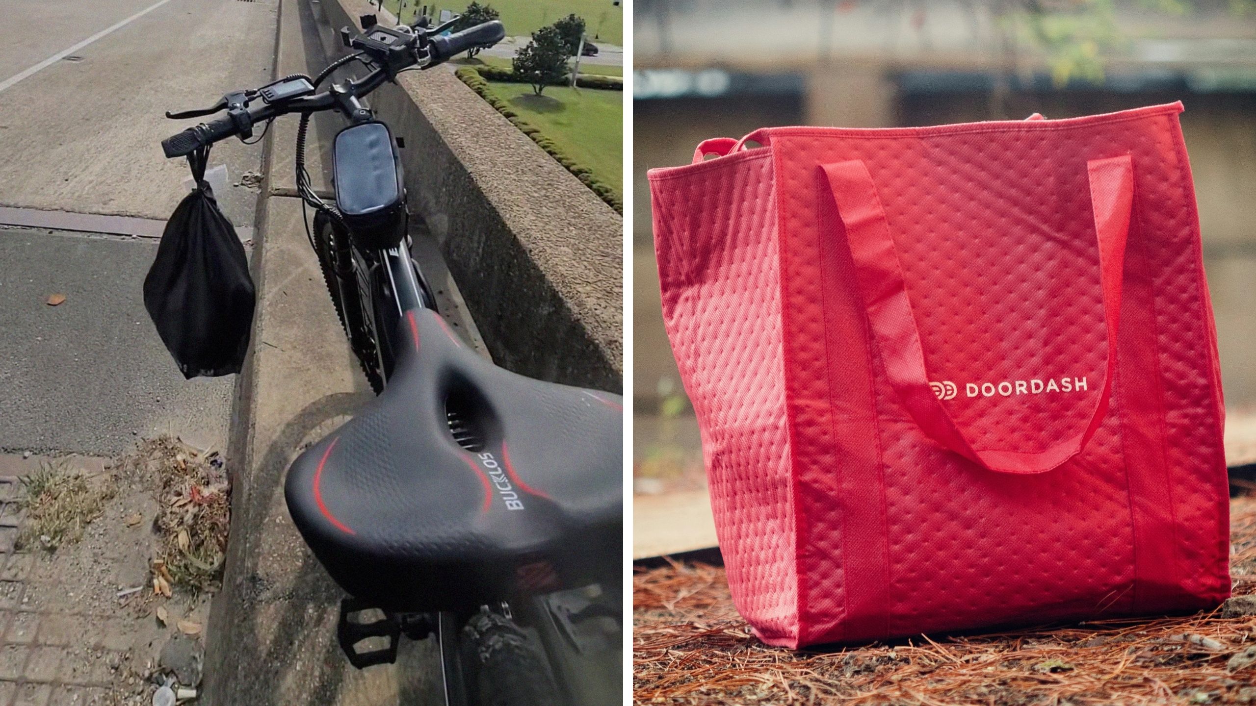 doordash shares job struggles (l) Doordash delivery bag (r)