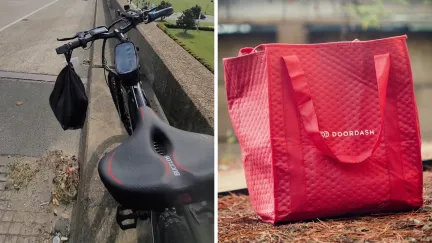 doordash shares job struggles (l) Doordash delivery bag (r)