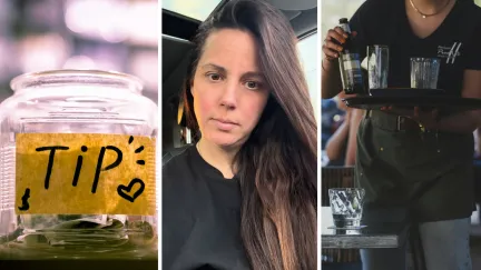 tip jar (l) woman shares a day in her job (c) waitress working beyond her shift (r)