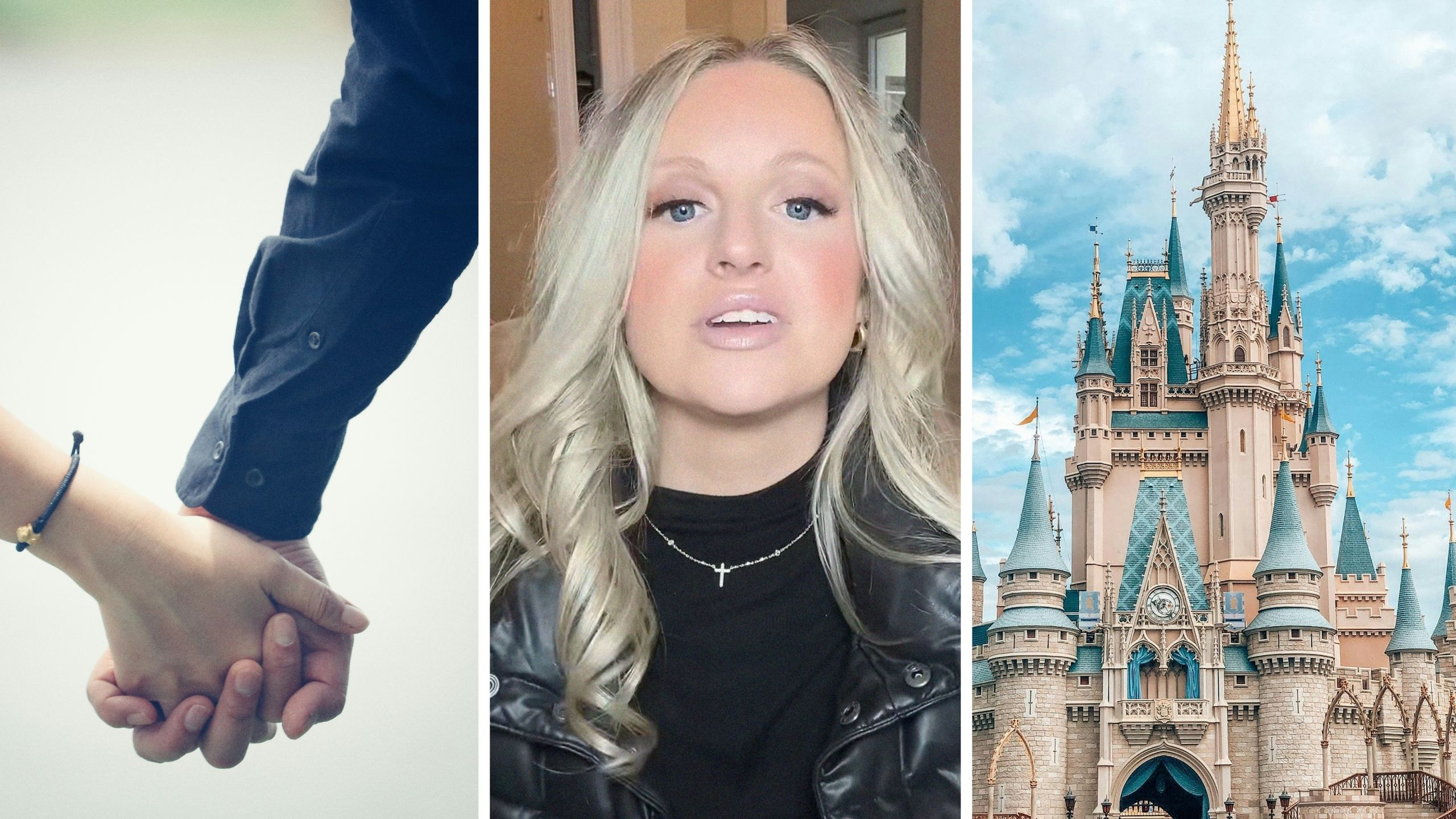 couple holding hands (l) woman shares dating experience (c) disney world castle (r)