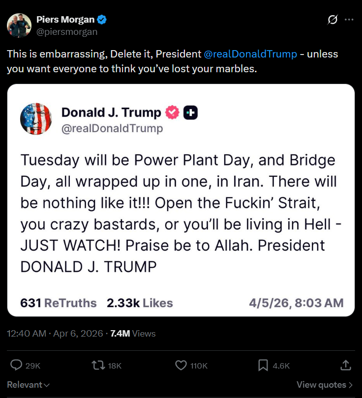 Piers Morgan asks Trump to delete his post about bombing Iran on Easter Sunday