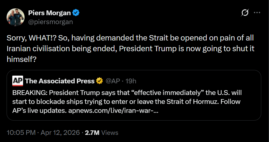 Piers Morgan shocked by Trump's threat to blockade the Strait of Hormuz