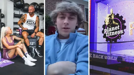man and woman at gym (l) man shares job experience and crazy stories (c) planet fitness entrance (r)