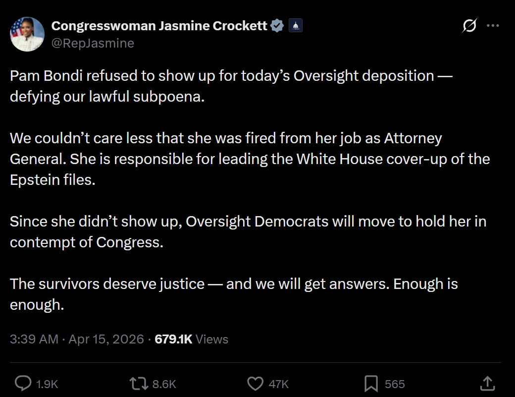 Rep. Jasmine Crockett wants to hold former AG Pam Bondi in contempt