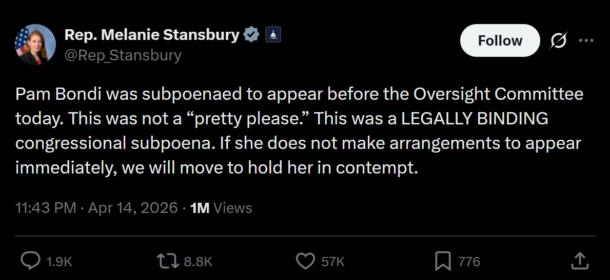 Pam Bondi may be held in contempt for defying a congressional subpoena