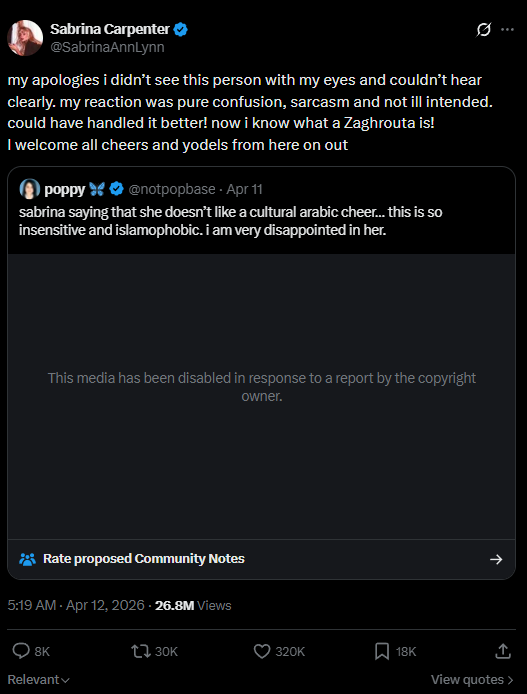 Sabrina Carpenter apologizes for zaghrouta misphap at Coachella