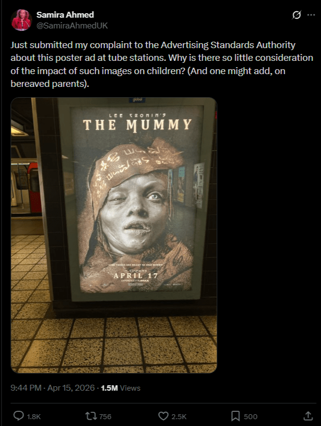 Samira Ahmed complains about Lee Cronin's The Mummy poster found at London Underground, files a report to authorities