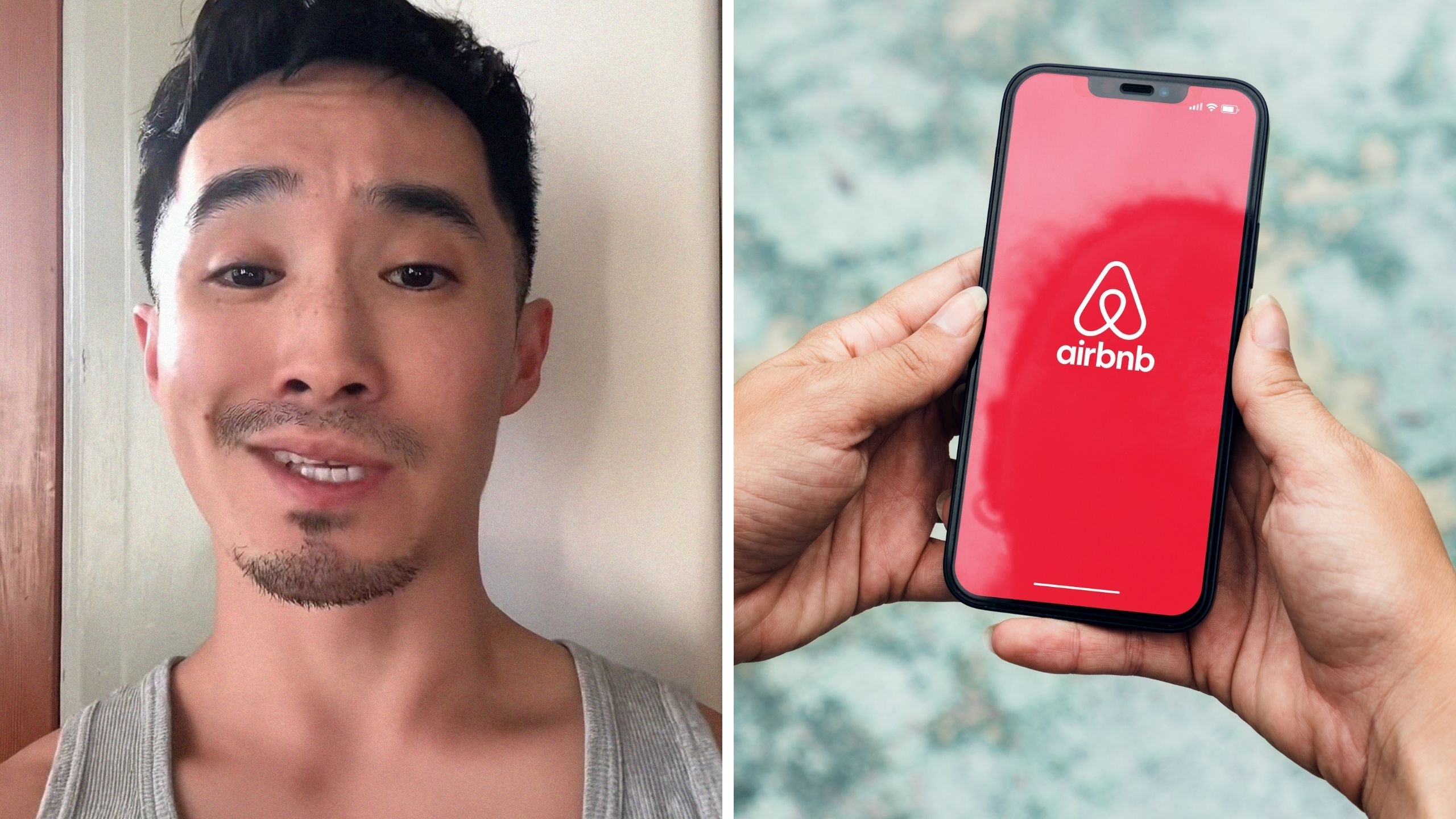 man shares air bnb review (l) air bnb app (r)