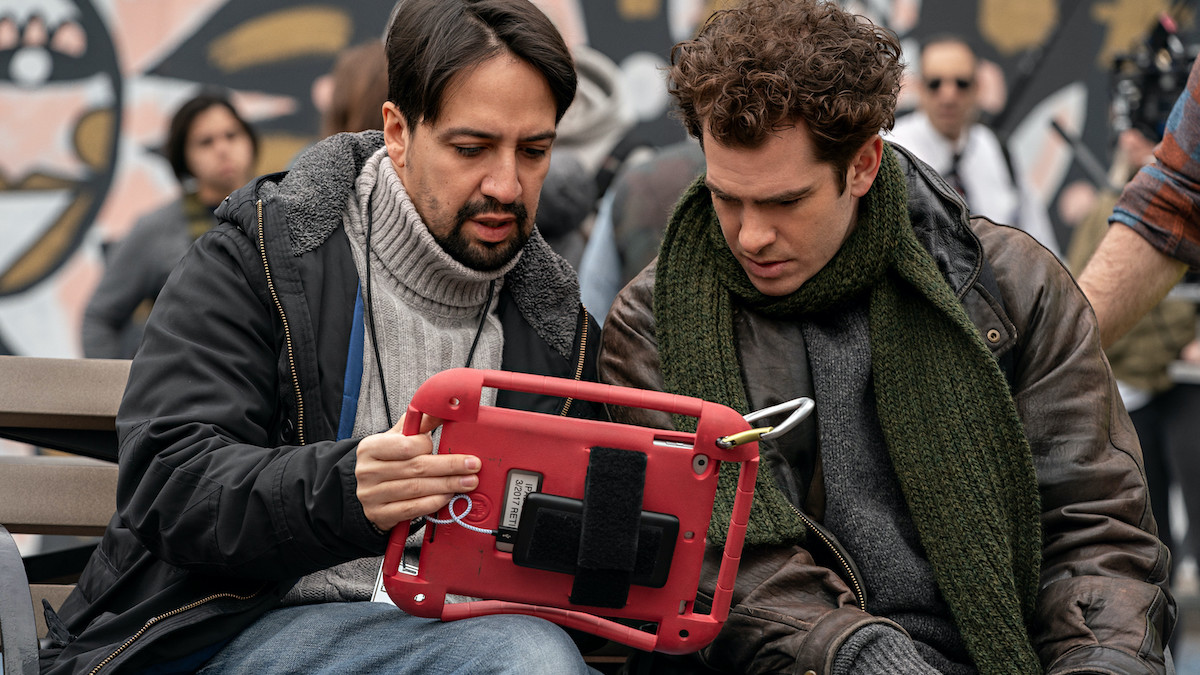 tick, tick...BOOM! (L-R) LIN-MANUEL MIRANDA (DIRECTOR - PRODUCER), ANDREW GARFIELD as JONATHAN LARSON in tick, tick...BOOM!.