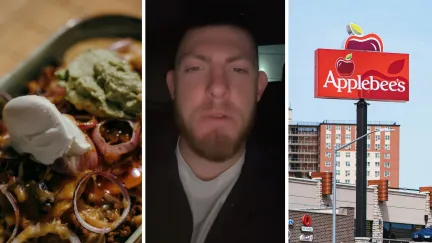 nachos topped with sour cream (l) man shares date experience (c) Apple Bees entrance (r)