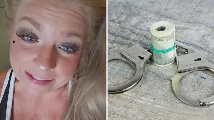 woman shares dating story (l) hand cuffs and money (r)