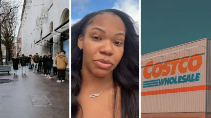 line of people waiting to go in (l) woman shares costco encounter (c) Costco storefront (r)