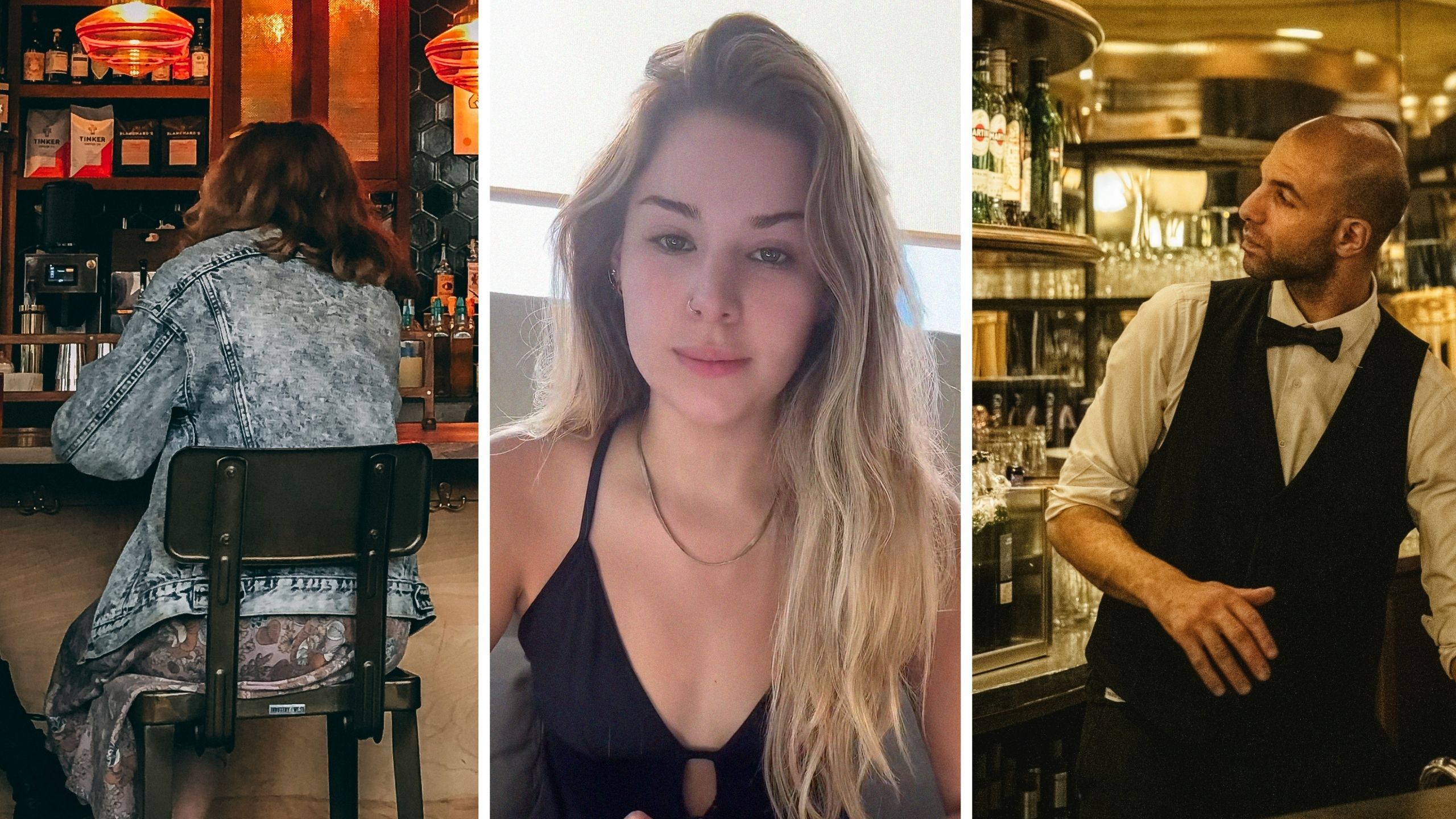 woman being ignored at bar (l) woman shares bar experience (c) bartender at work (r)