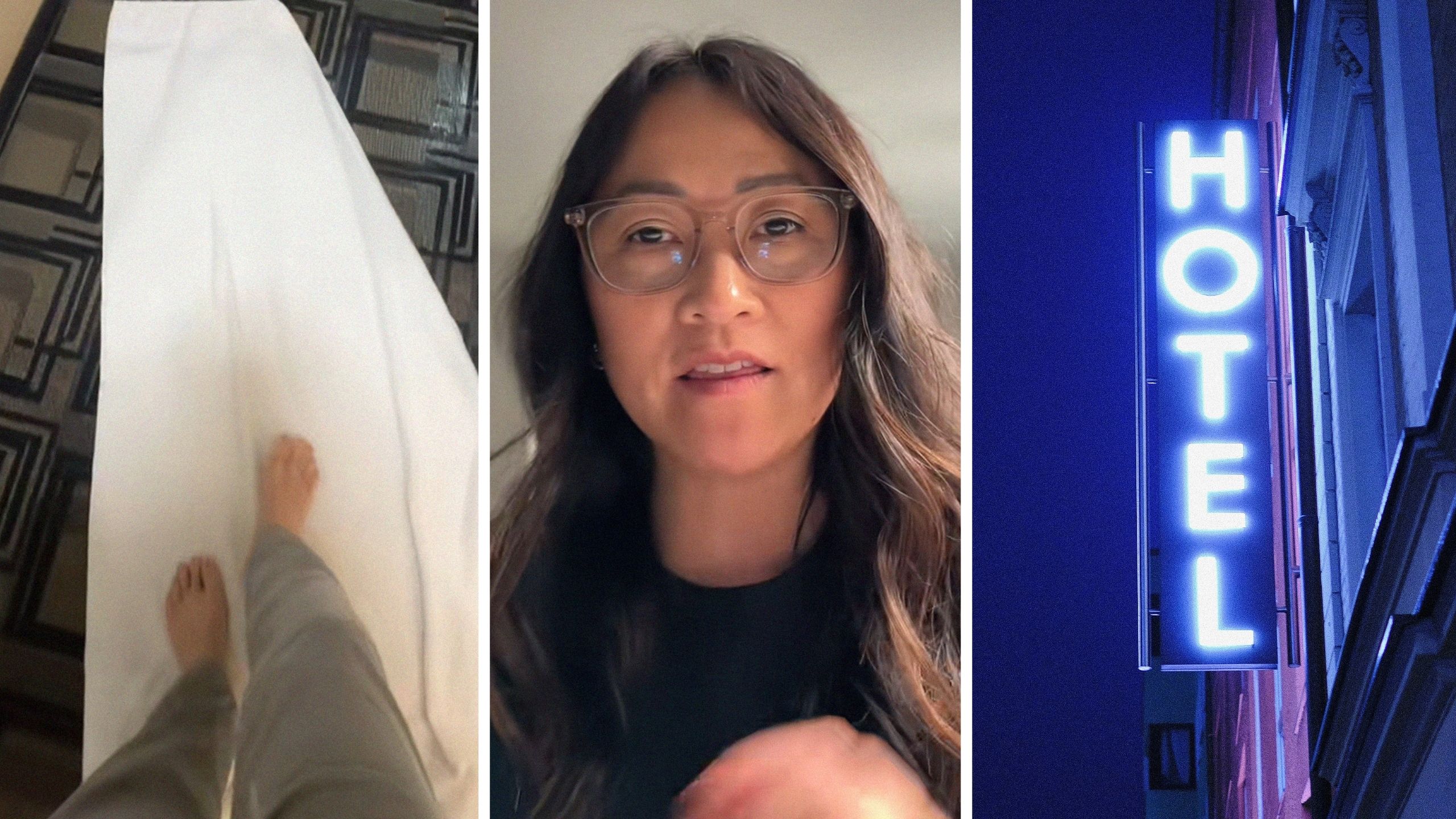 woman walking on towel (l) woman shares hotel tips (c) hotel sign (r)