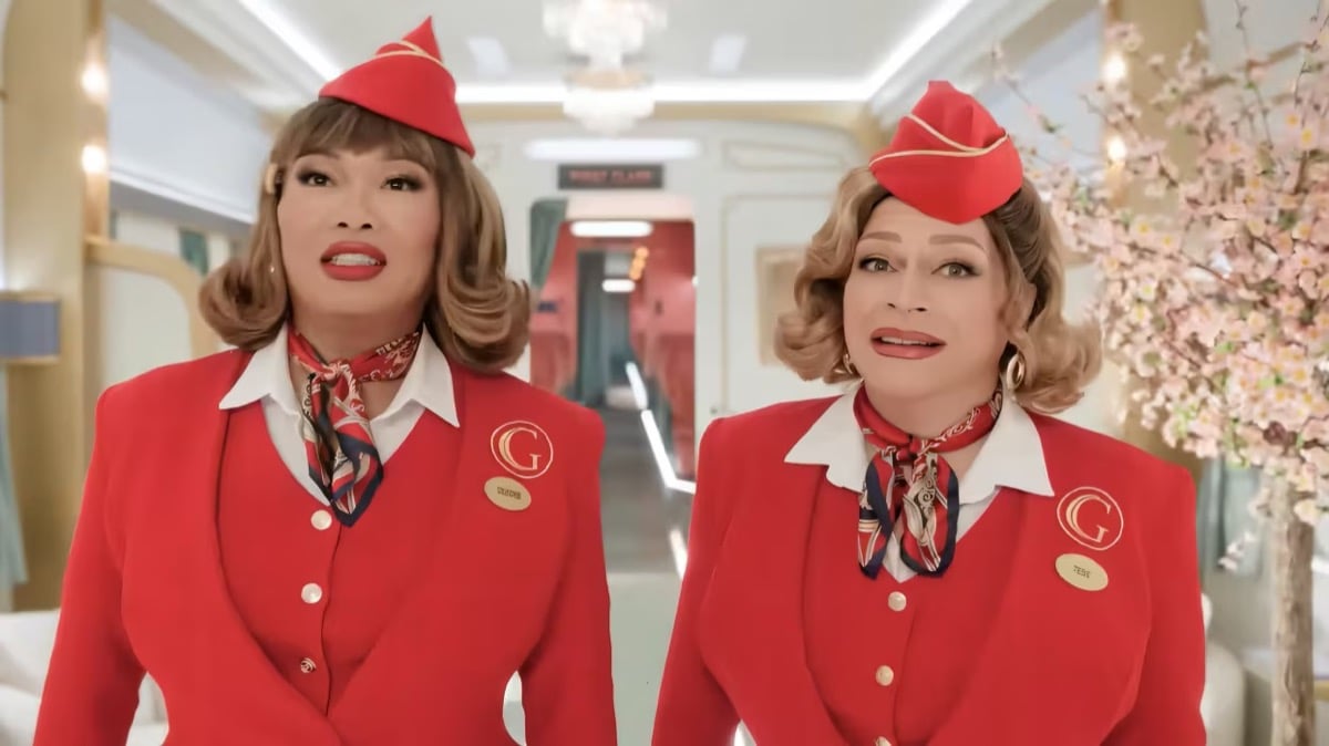 Two stewardesses walk down a hallway in Stop! That! Train!