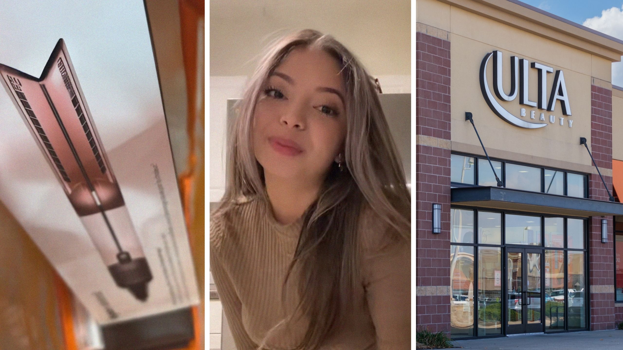 Dyson box (l) woman shares Ulta experience (c) Ulta storefront (r)