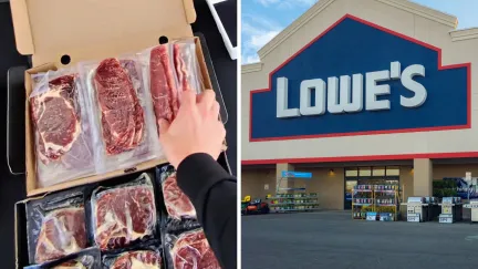 steak on sale (l) Lowe's storefront (r)
