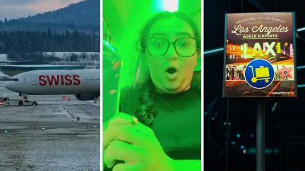 swiss airlines air craft (l) woman shares flight experience (c) LAX airport sign (r)