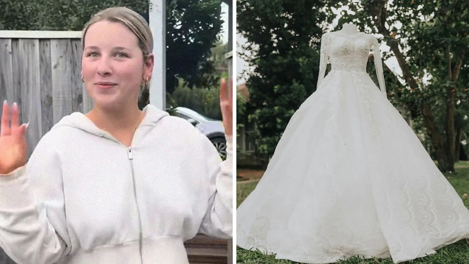 woman shares wedding dress issue (l) Expensive wedding dress (r)