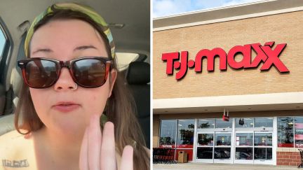 woman shares purchase issue (l) T.J. Maxx storefront (r)