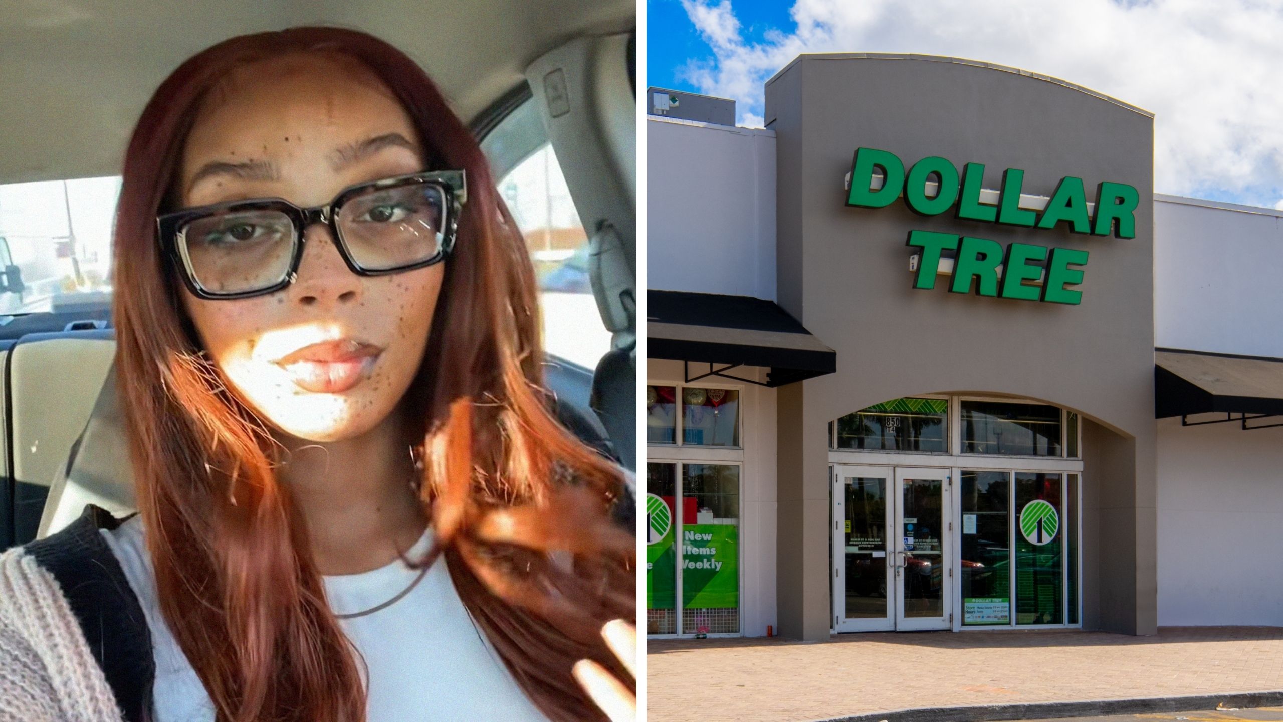 woman shares dollar tree experience (l) Dollar Tree storefront (r)