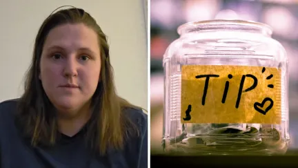 woman shares job experiences with tips (l) tip jar (r)