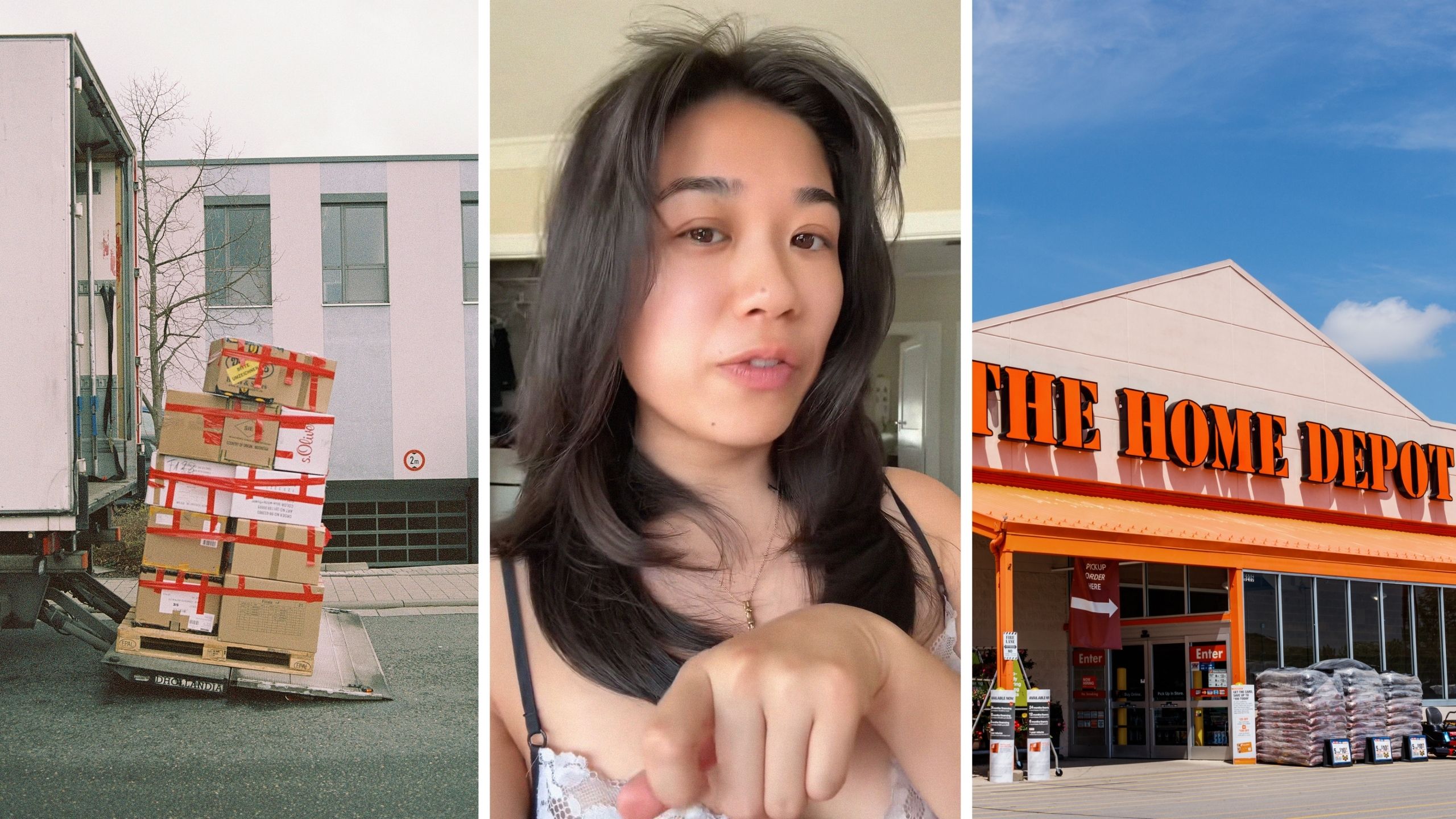movers truck (l) woman shares movers truck hack (c) The Home Depot storefront (r)