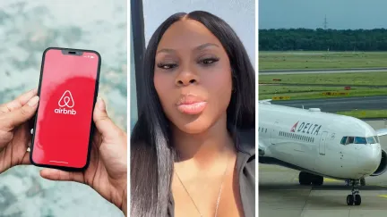 air bnb app (l) woman shares being flown out experience (c) delta airlines (r)