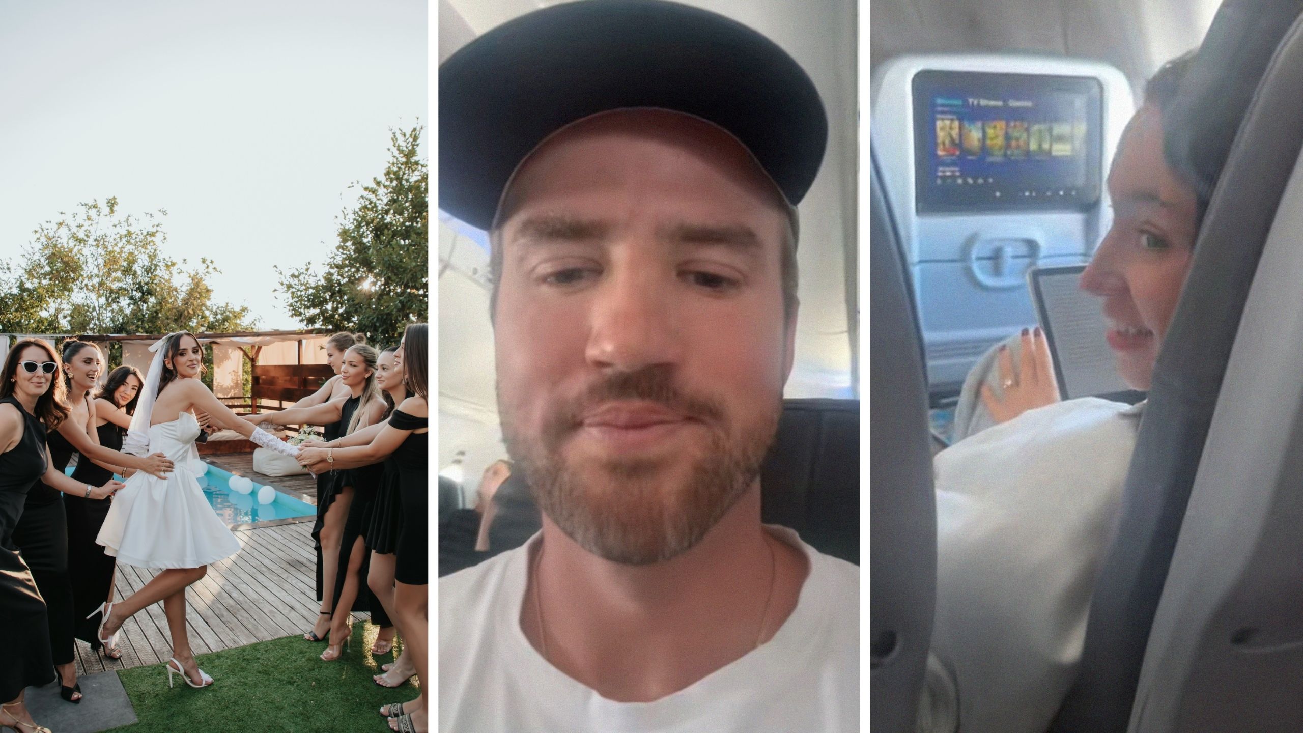 bachelorette group (l) man shares flight encounter (c) woman sitting in front of man in flight (r)