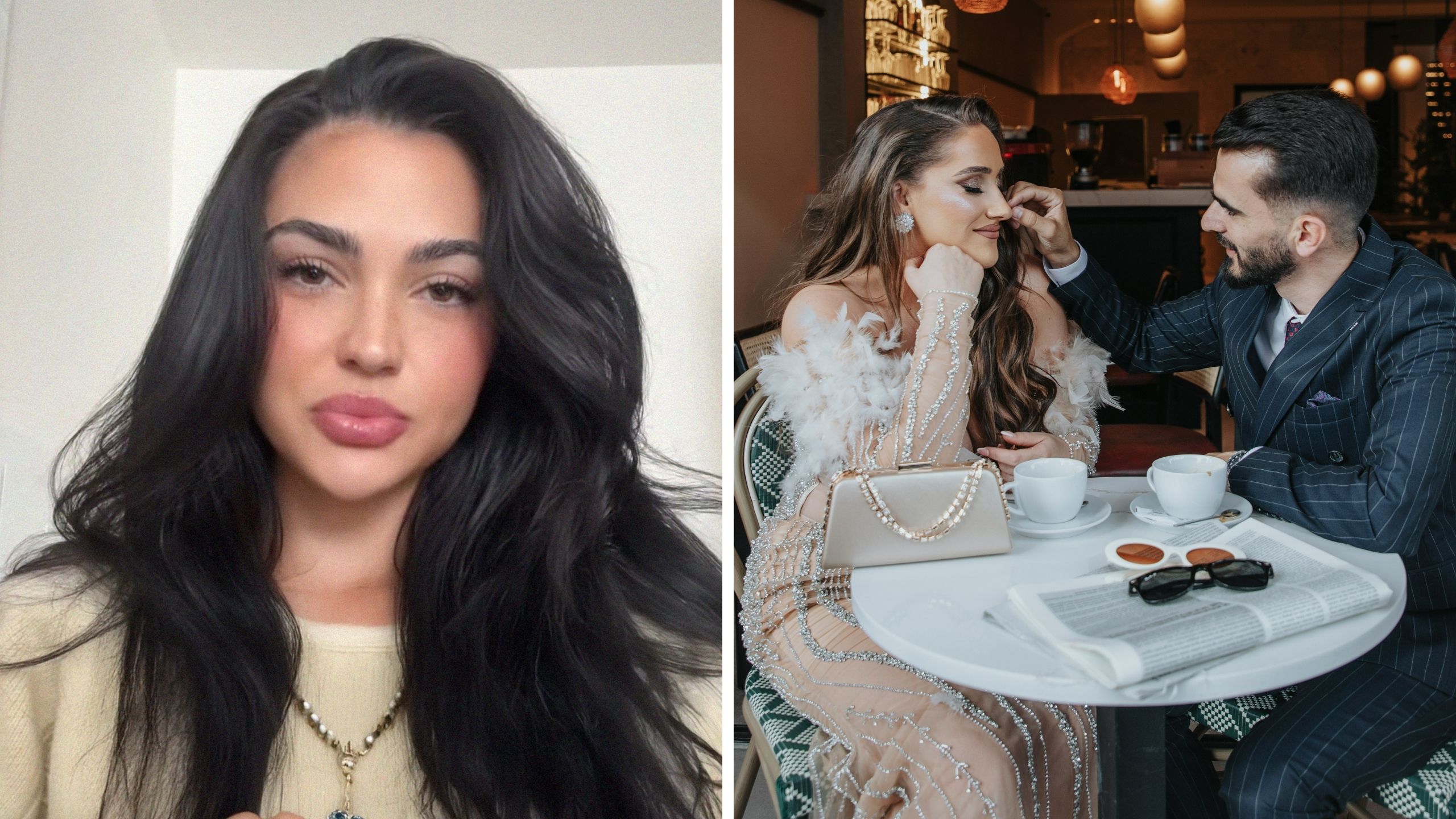 woman shares dating story (l) well dressed man and woman on a date (r)