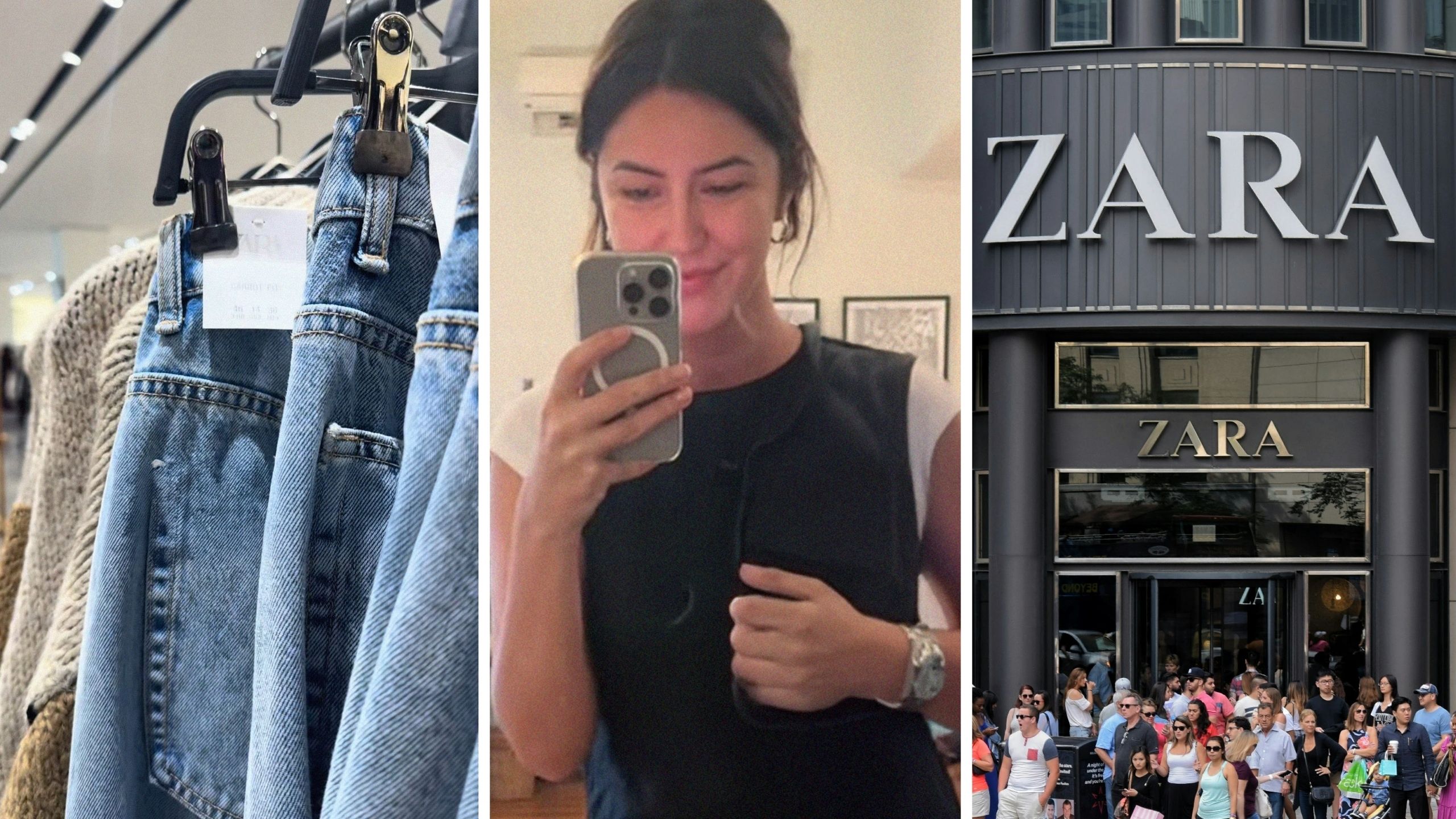 blue jeans (l) woman shares shopping encounter (c) zara storefront (r)