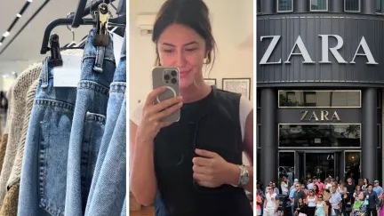 blue jeans (l) woman shares shopping encounter (c) zara storefront (r)