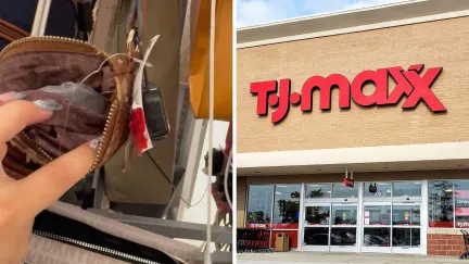 woman shares shopping encounter (l) T.J. Maxx storefront (r)