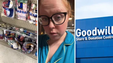 goodwill grab bag (l) woman goes shopping at Goodwill (c) Goodwill storefront (r)