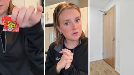 juicy drop candy (l) woman shares privacy issue (c) apartment door (r)