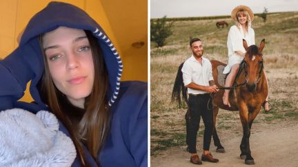 woman shares bar love story (l) man and woman go horse back riding (r)