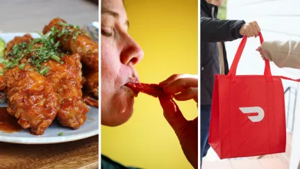 chicken wings (l) woman shares food order issue (c) doordash app (r)