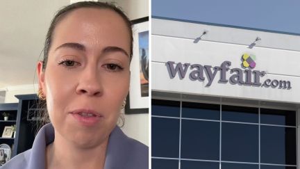 woman shares bed purchase (l) Wayfair storefront (r)