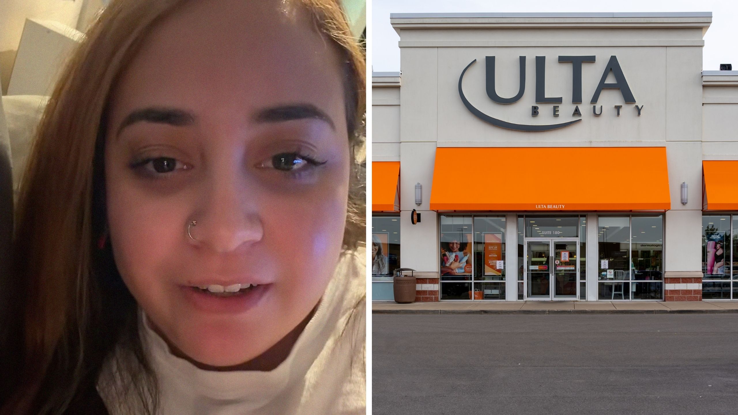 woman shares Ulta experience (l) Ulta storefront (r)